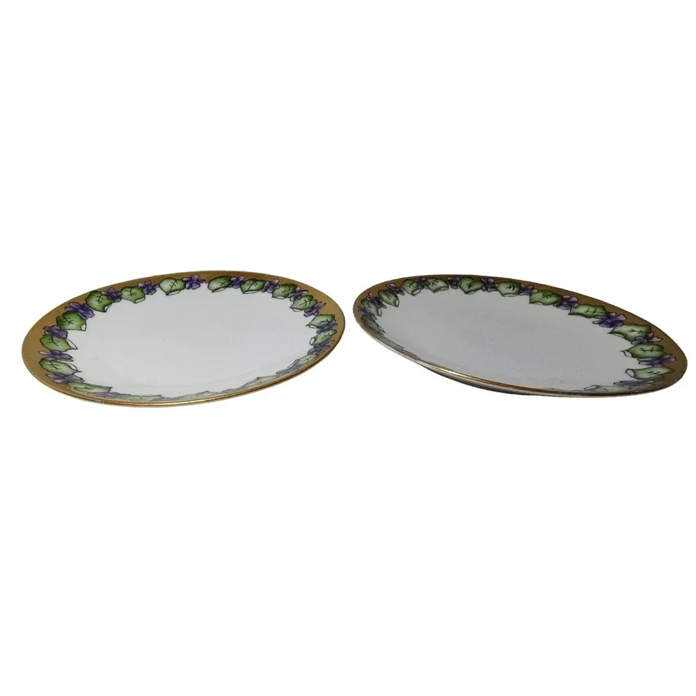 Antique PT Tirschenreuth‎ Dessert Plates Bavaria Violet Gold Trim Signed Set Two